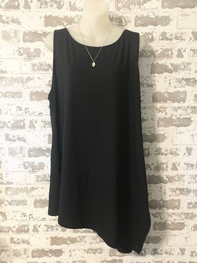 Eileen Fisher Black Asymmetrical Tunic Tank Top XL Minimalist Draped Hem